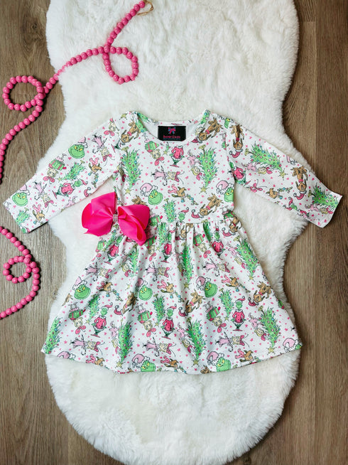 Bowtism Pink Grinchmas Dress with Matching Bow - Bowtism